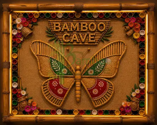 Here’s a professional and attractive description you can use for this artwork: 🌿 Bamboo Cave Signature Butterfly Wall Installation A stunning fusion of tradition and creativity, this handcrafted wall installation is a true celebration of bending bamboo works and artistic craftsmanship. Designed exclusively by the BAMBOO CAVE team, the piece features a beautifully structured butterfly made entirely from natural bamboo, symbolizing transformation, beauty, and harmony. Set against a textured natural backdrop, the butterfly wings are intricately crafted using woven bamboo patterns and highlighted with vibrant hand-painted folk motifs. The entire frame is bordered with colorful accents and enhanced with warm ambient lighting, creating a rich and inviting visual experience—perfect for restaurant interiors. The bold “BAMBOO CAVE” branding at the center adds a strong identity, making it not just décor, but a signature statement piece. Decorative elements like handcrafted bamboo baskets and floral arrangements further elevate its rustic yet aesthetic appeal. ✨ Key Highlights: Made with natural eco-friendly materials Showcases bending bamboo craftsmanship Warm LED backlighting for premium ambience Hand-painted artistic detailing Ideal for restaurant feature walls and photo spots 🛠️ This is a prototype design, and full customisation is available as per your space and theme.
