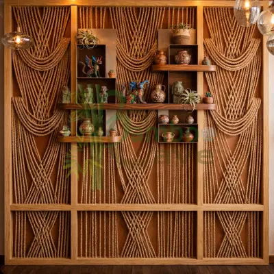 NEW THOUGHT & NEW CONCEPT 🙏🙏🙏  *Wooden & Rope Decorative Wall Panel This beautifully crafted wooden and rope decorative wall is a perfect blend of rustic charm and artistic design. The structure is made with a strong natural wooden frame, inside which thick natural fiber ropes are carefully woven in elegant draped and crisscross patterns. The rope arrangement creates a soft curtain-like texture that adds depth, warmth, and a unique handcrafted aesthetic to the wall. ❤️❤️❤️