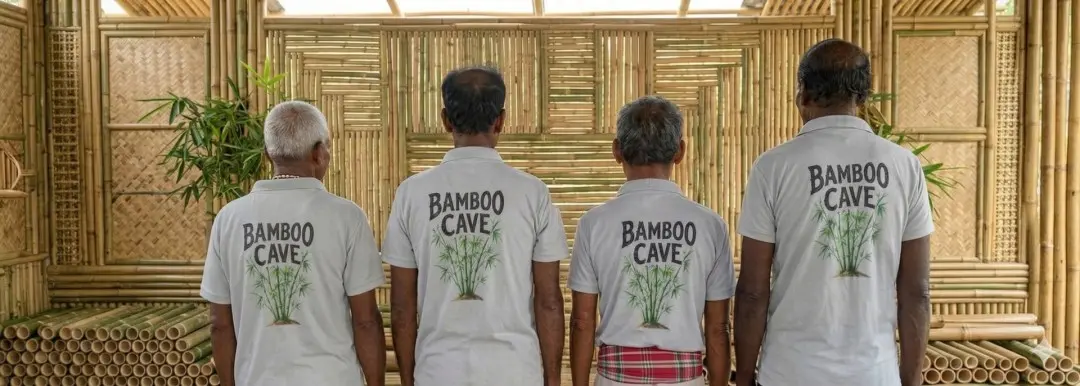 Bamboo Cave team members working together back view